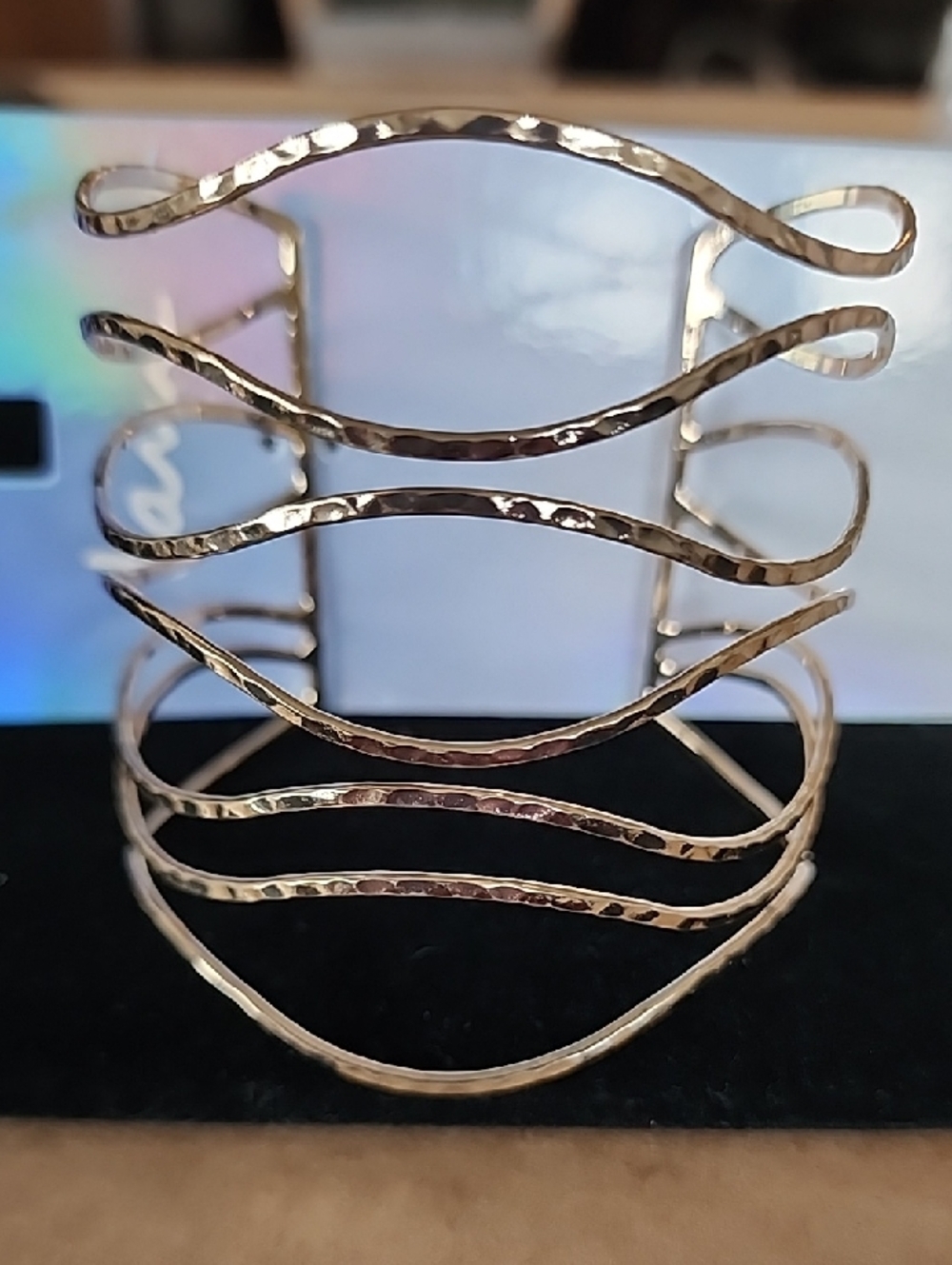 Hammered Gold Open Cuff Bracelet - Wave Design